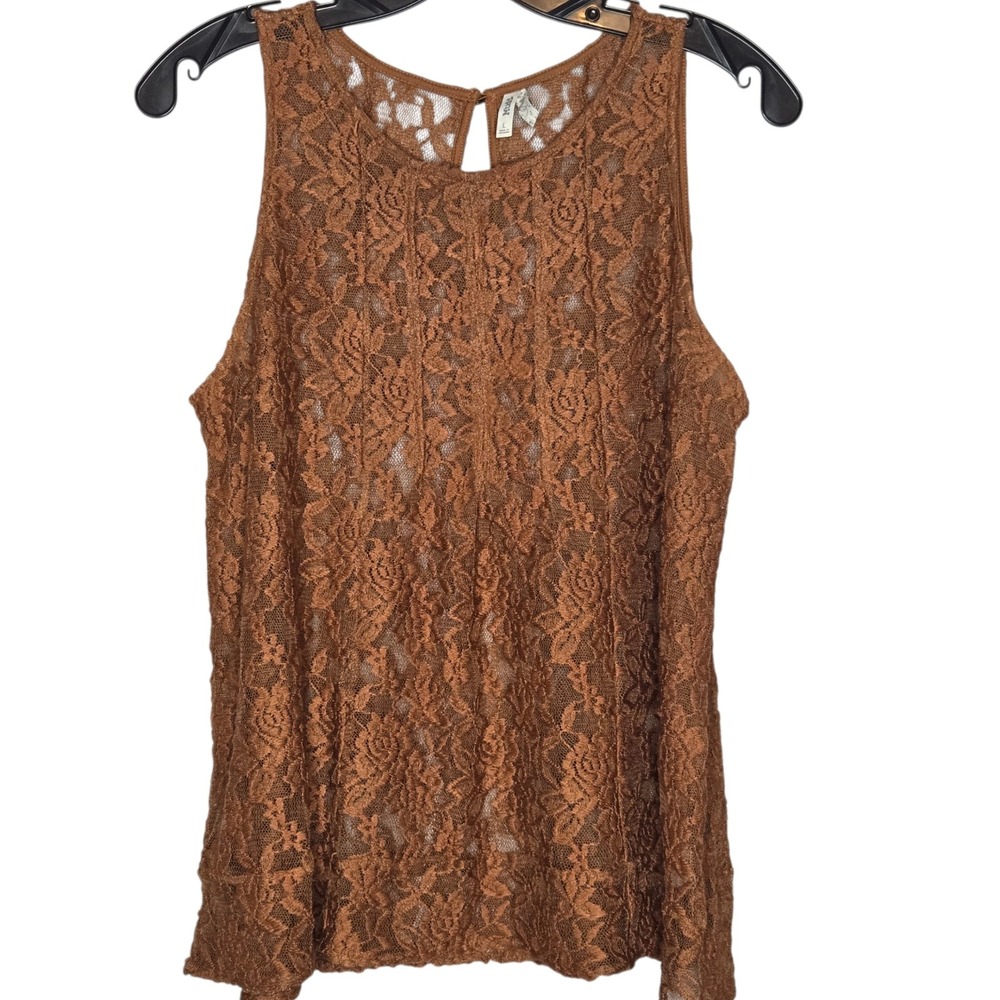 Mudd Y2K Large Rust Brown Floral Lace Tank Top Sleeveless Sheer Coquette Boho